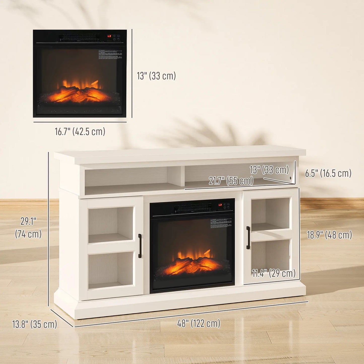 48 Inch Fireplace TV Stand, 3D Flame, Adjustable Shelves, White Electric Fireplaces at Gallery Canada