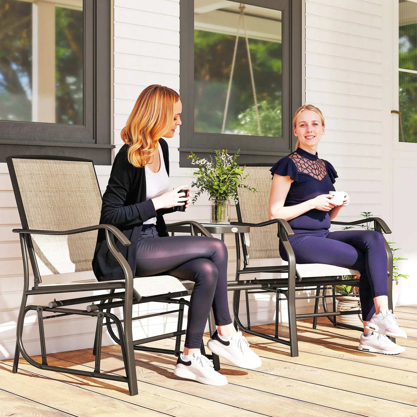 Double Patio Glider Chair, Glass Top Table, All Weather Mesh, Light Brown Outdoor Gliders at Gallery Canada