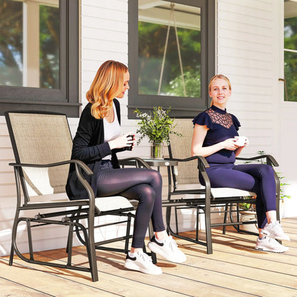 Double Patio Glider Chair, Glass Top Table, All Weather Mesh, Light Brown Outdoor Gliders at Gallery Canada