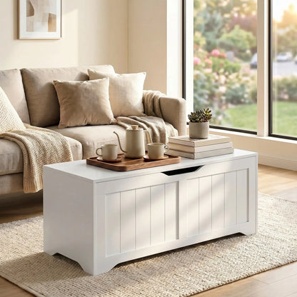 Storage Bench with Lift Top Storage Chest with Safety Hinges for Entryway, Living Room, White