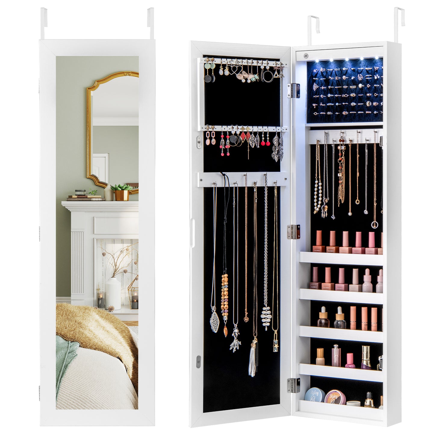 Mirrored Jewelry Cabinet With LED Light, White