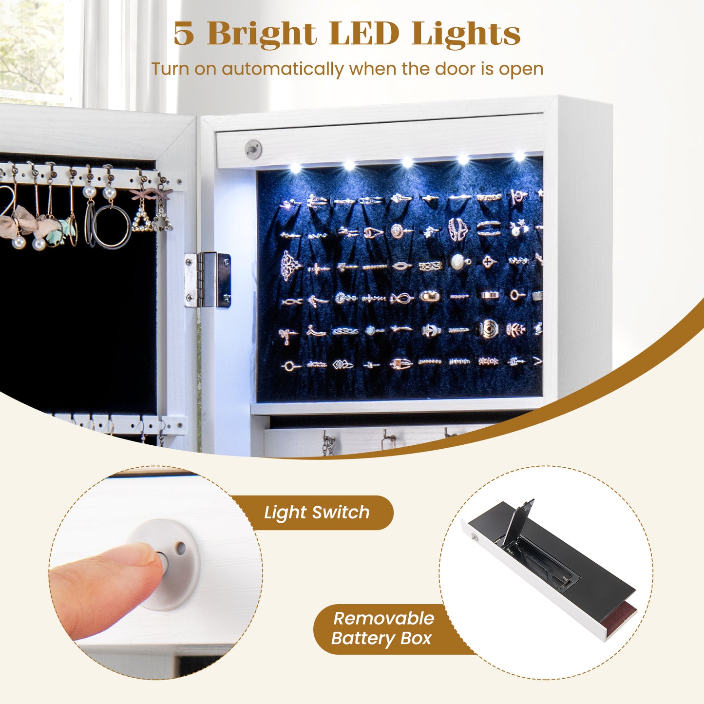 Mirrored Jewelry Cabinet With LED Light, White