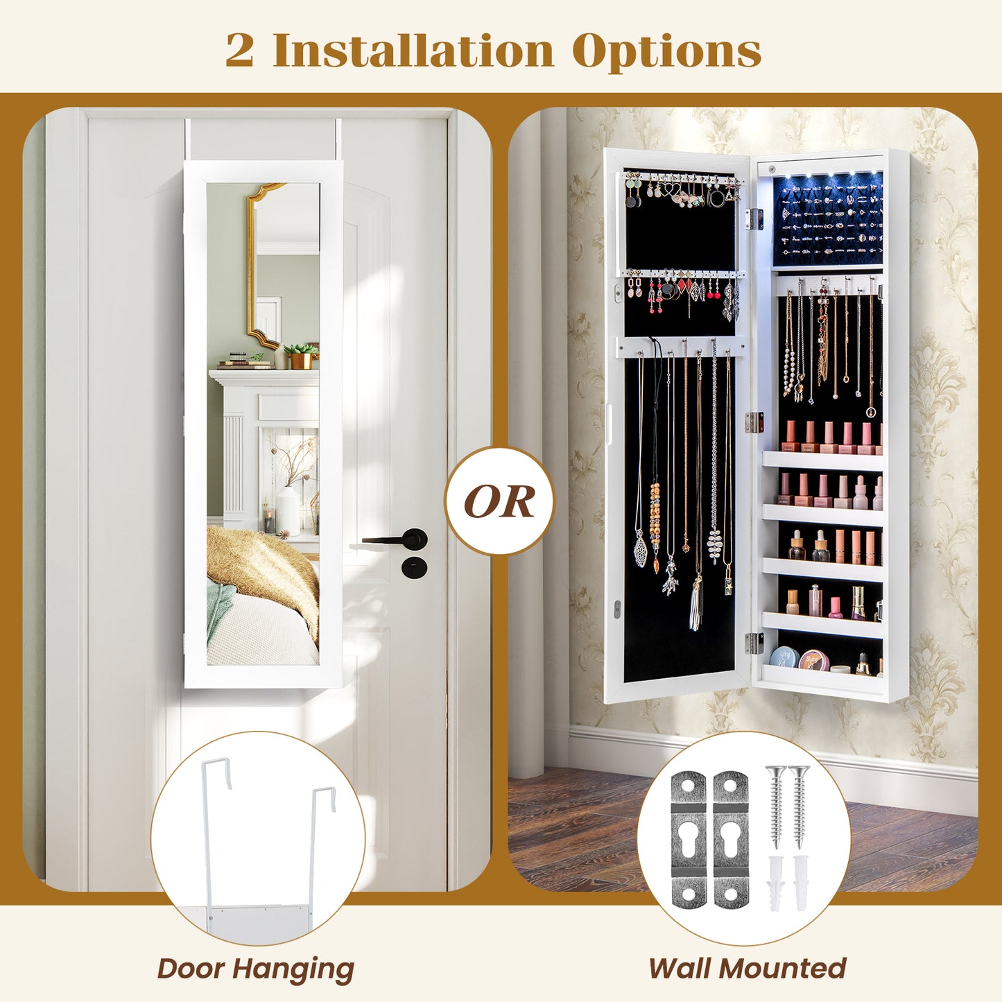 Mirrored Jewelry Cabinet With LED Light, White