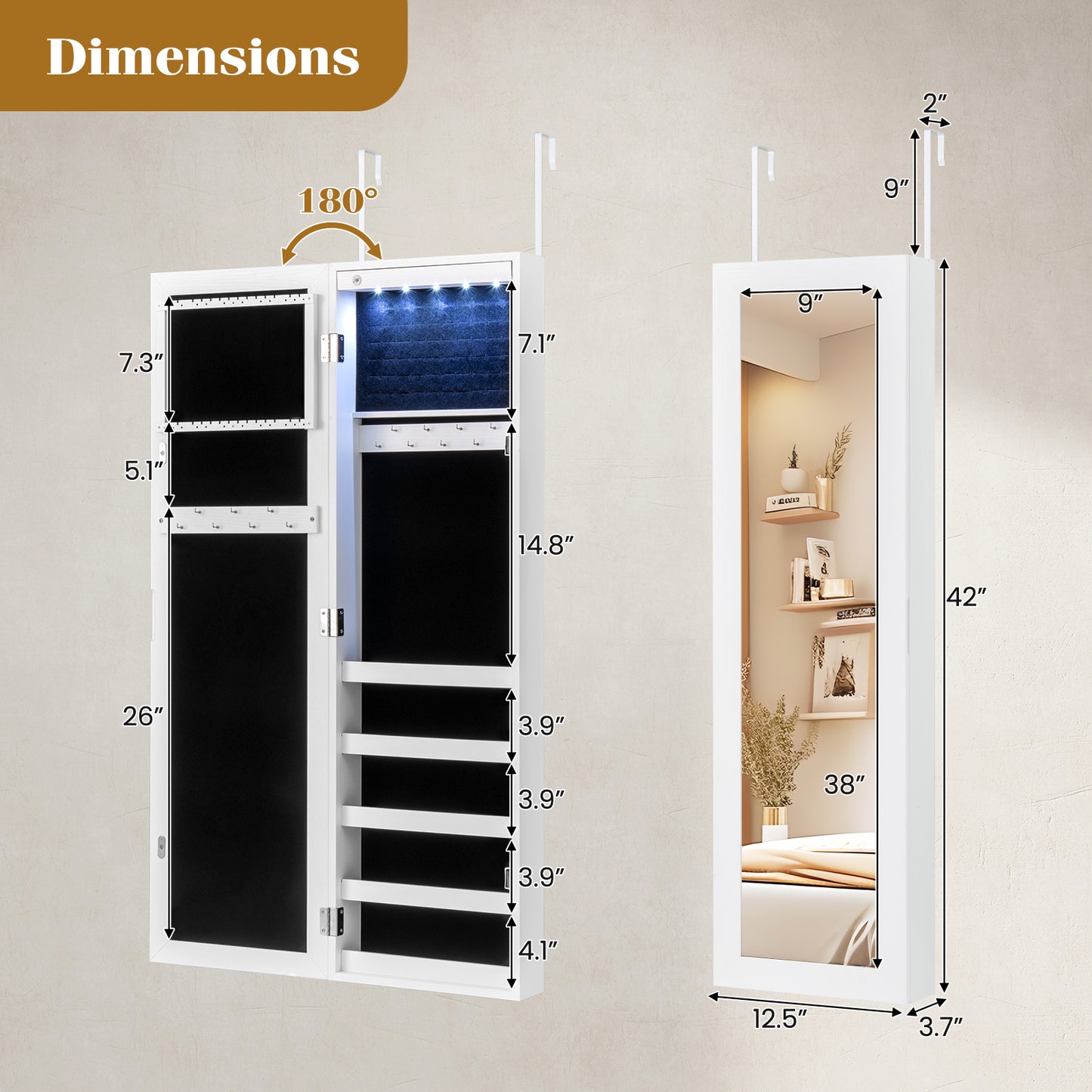 Mirrored Jewelry Cabinet With LED Light, White