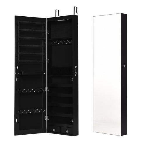 Wall And Door Mounted Mirrored Jewelry Cabinet With Lights, Black