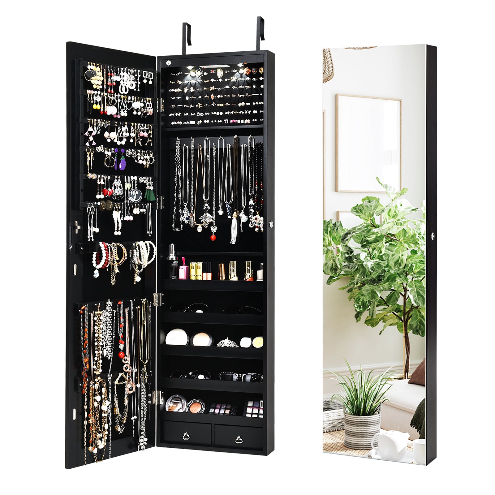 Wall And Door Mounted Mirrored Jewelry Cabinet With Lights, Black Jewelry Armoires at Gallery Canada