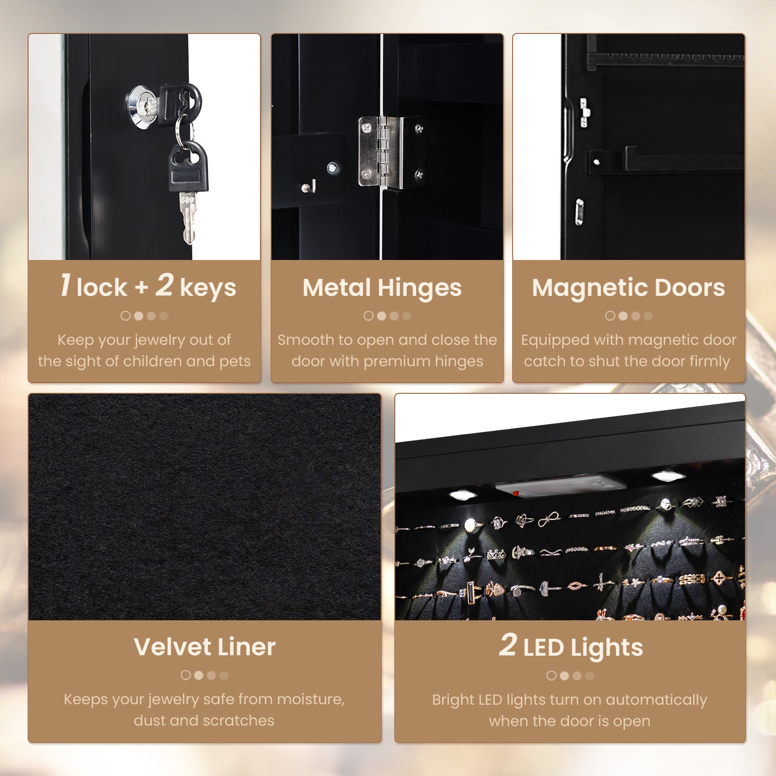 Wall And Door Mounted Mirrored Jewelry Cabinet With Lights, Black Jewelry Armoires at Gallery Canada