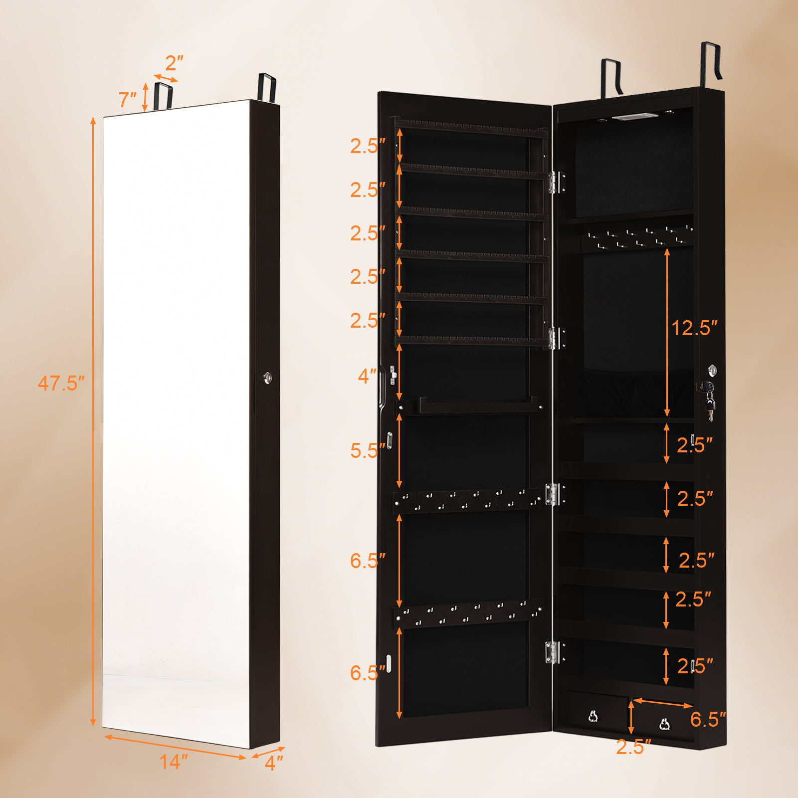 Wall And Door Mounted Mirrored Jewelry Cabinet With Lights, Brown Jewelry Armoires at Gallery Canada