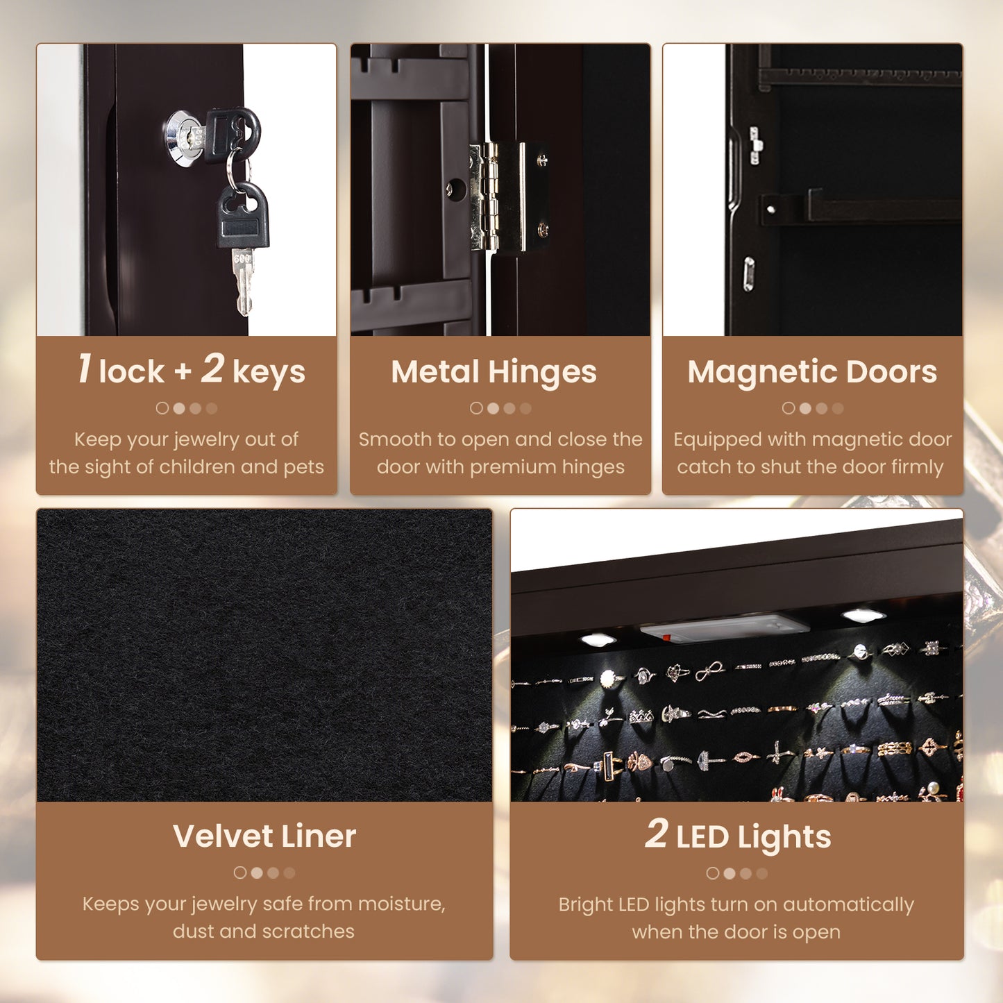 Wall And Door Mounted Mirrored Jewelry Cabinet With Lights, Brown Jewelry Armoires at Gallery Canada