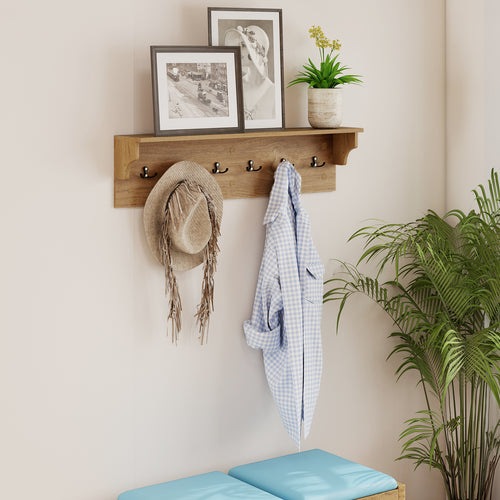 Wall Hooks with Shelf 31.5inch Wooden Coat Rack with 6 Hooks for Hats Towels Purses Robes, Natural