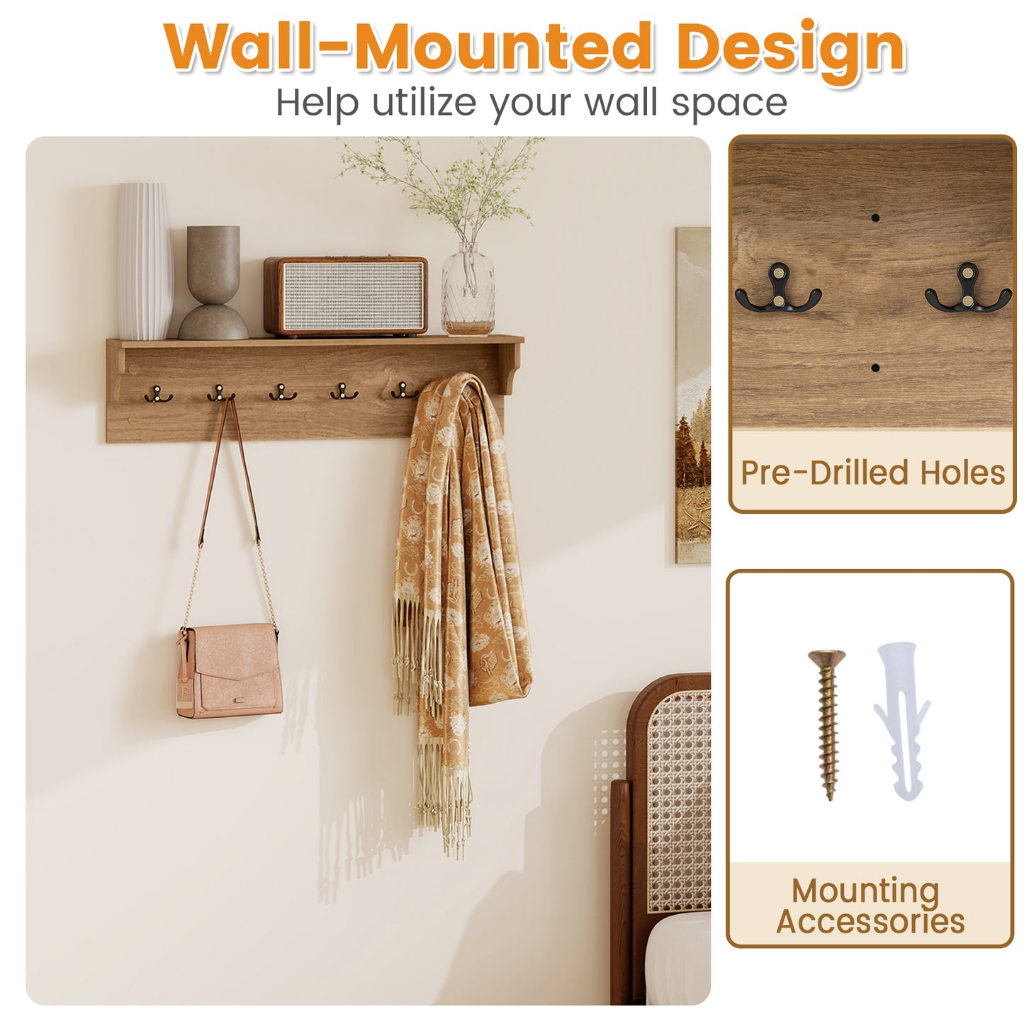 Wall Hooks with Shelf 31.5inch Wooden Coat Rack with 6 Hooks for Hats Towels Purses Robes, Natural Coat Racks & Hall Trees at Gallery Canada