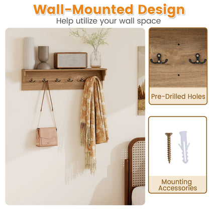 Wall Hooks with Shelf 31.5inch Wooden Coat Rack with 6 Hooks for Hats Towels Purses Robes, Natural Coat Racks & Hall Trees at Gallery Canada