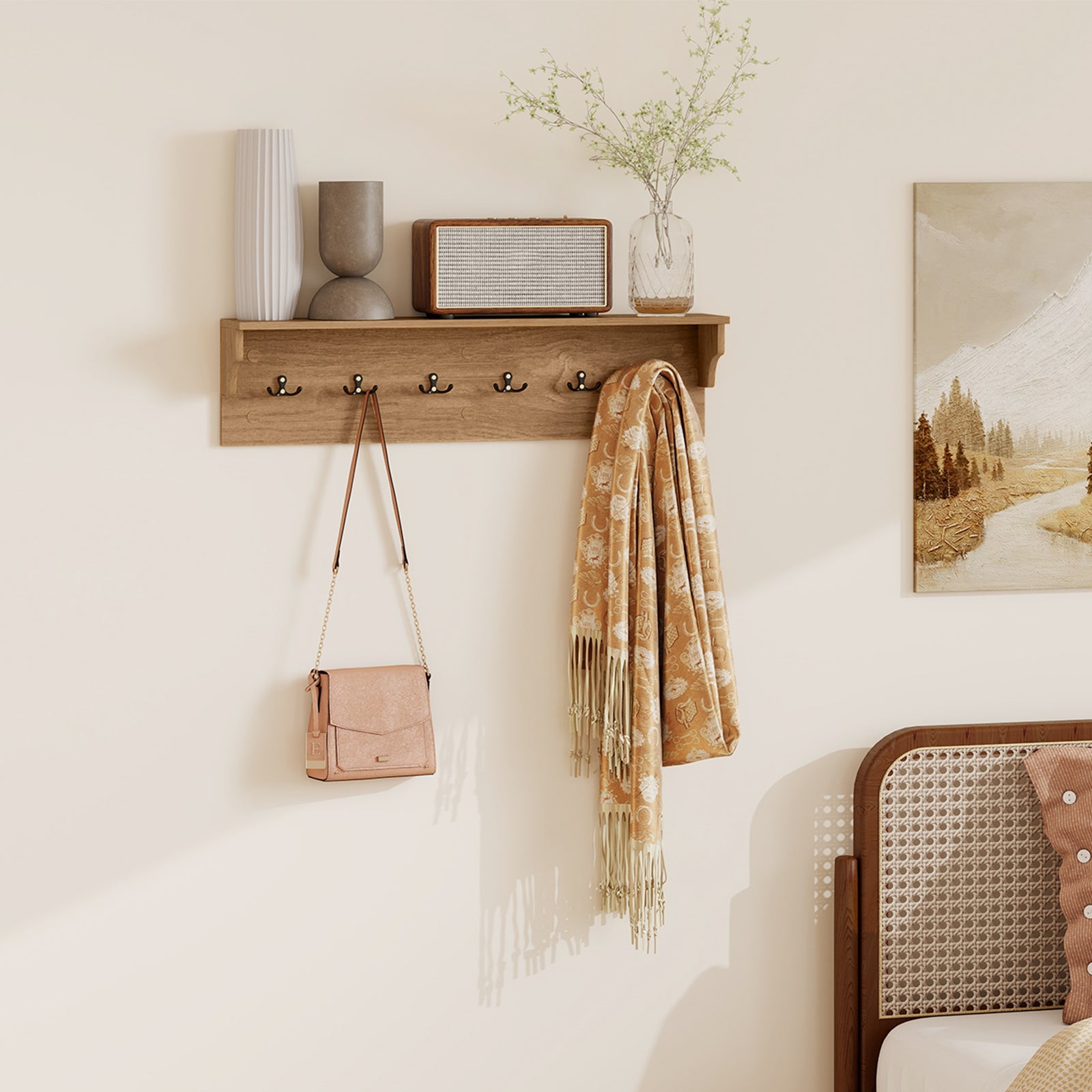 Wall Hooks with Shelf 31.5inch Wooden Coat Rack with 6 Hooks for Hats Towels Purses Robes, Natural Coat Racks & Hall Trees at Gallery Canada