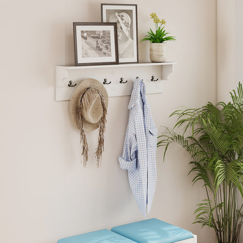 Wall Hooks with Shelf 31.5inch Wooden Coat Rack with 6 Hooks for Hats Towels Purses Robes, White