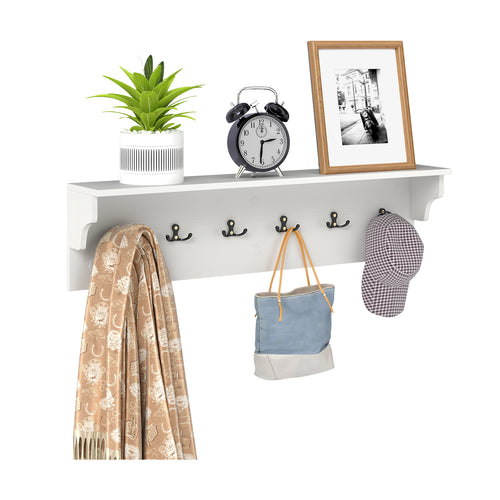 Wall Hooks with Shelf 31.5inch Wooden Coat Rack with 6 Hooks for Hats Towels Purses Robes, White