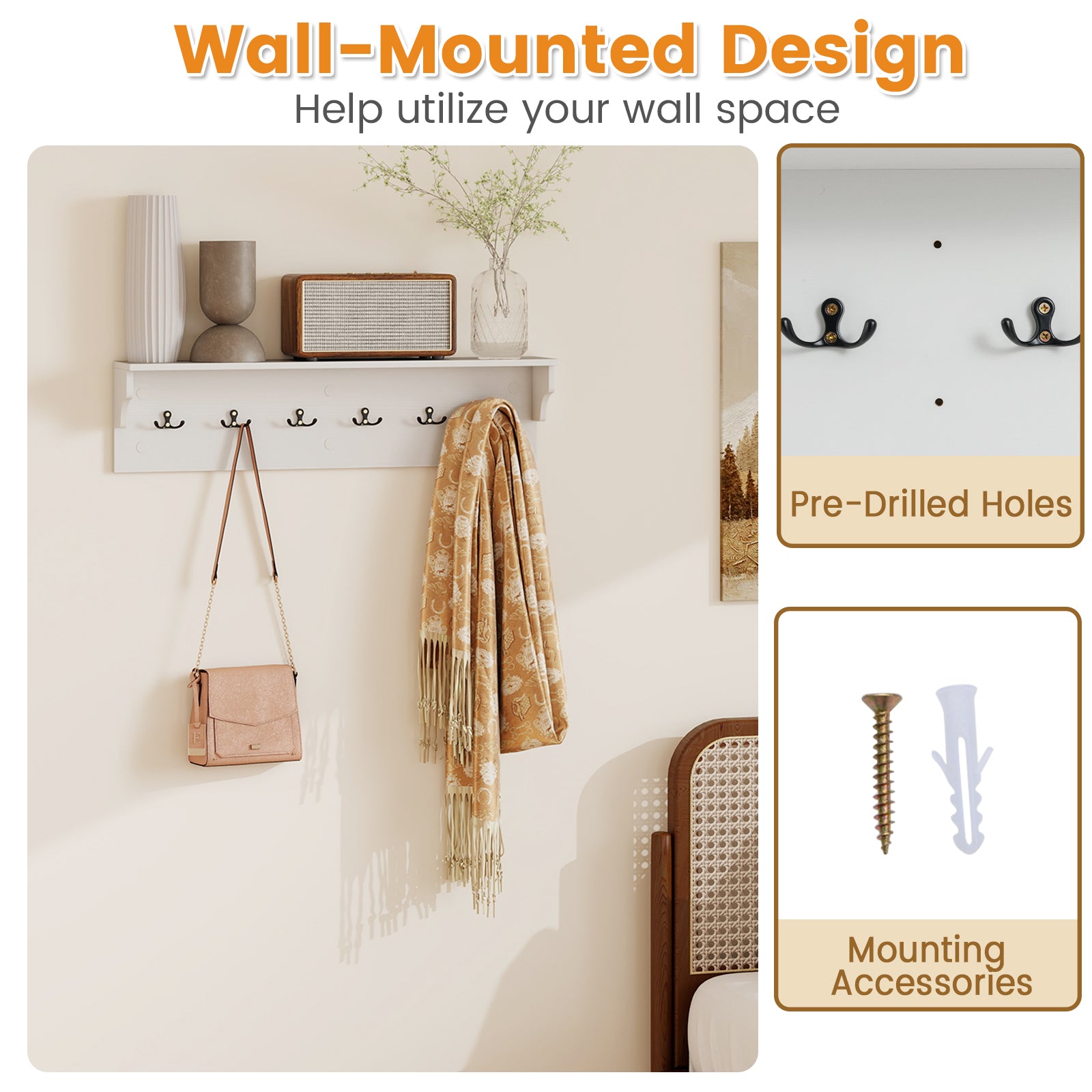 Wall Hooks with Shelf 31.5inch Wooden Coat Rack with 6 Hooks for Hats Towels Purses Robes, White Coat Racks & Hall Trees at Gallery Canada