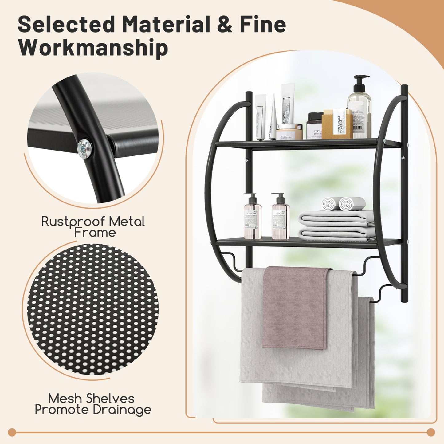 Wall Mounted 2-Tier Bathroom Towel Rack, Black