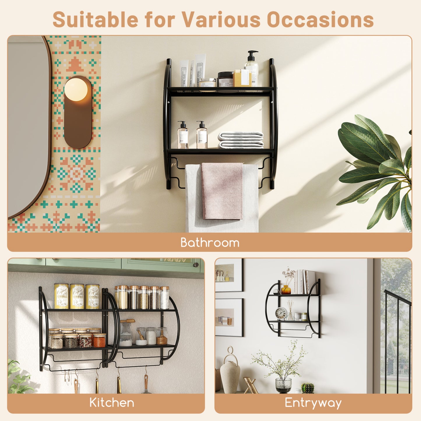 Wall Mounted 2-Tier Bathroom Towel Rack, Black