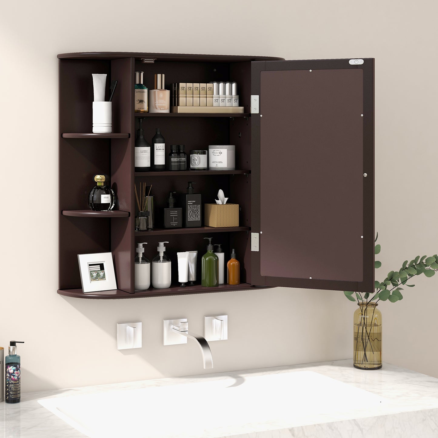 Wall-Mounted Bathroom Mirror Cabinet with Storage Shelves, Brown Wall Cabinets at Gallery Canada