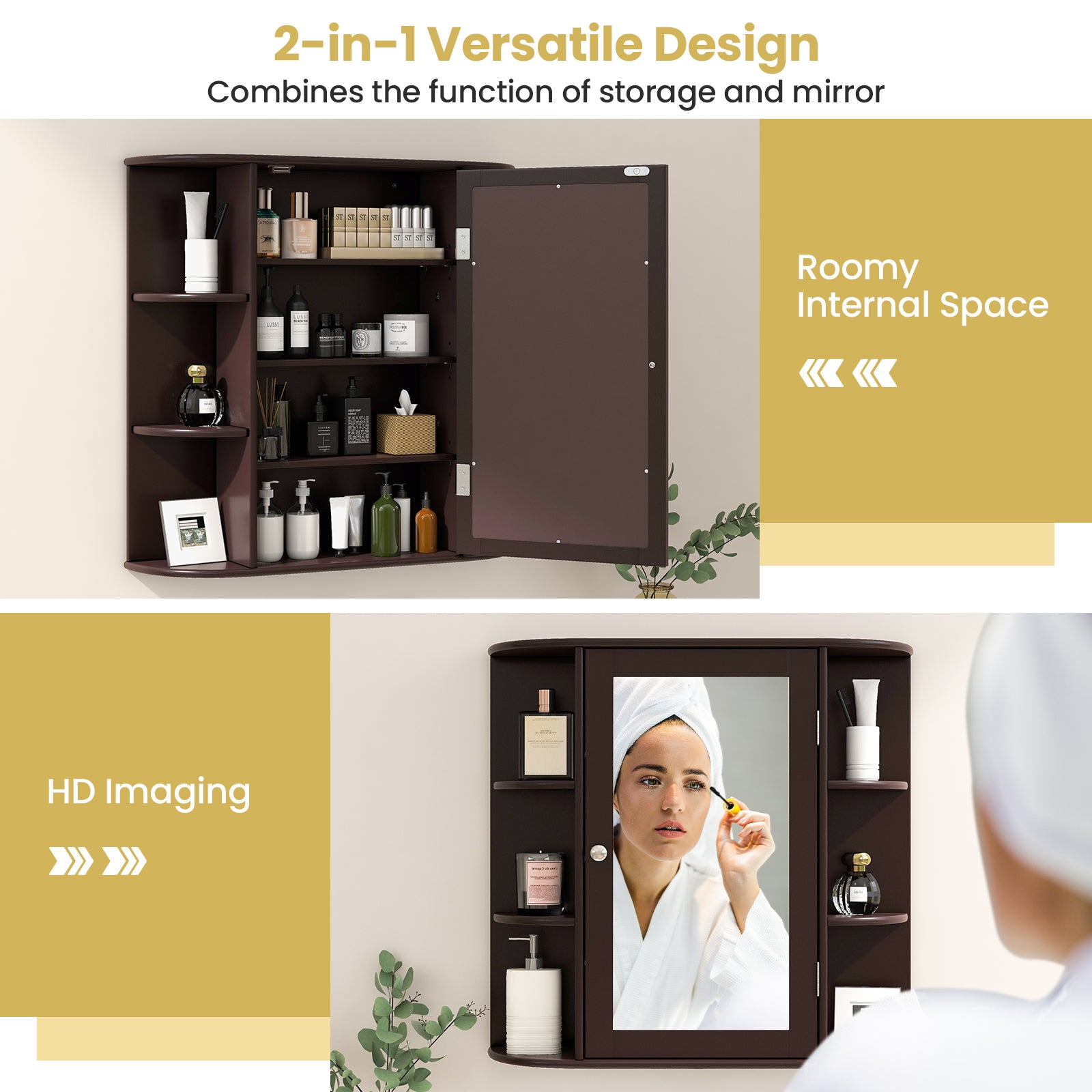 Wall-Mounted Bathroom Mirror Cabinet with Storage Shelves, Brown Wall Cabinets at Gallery Canada