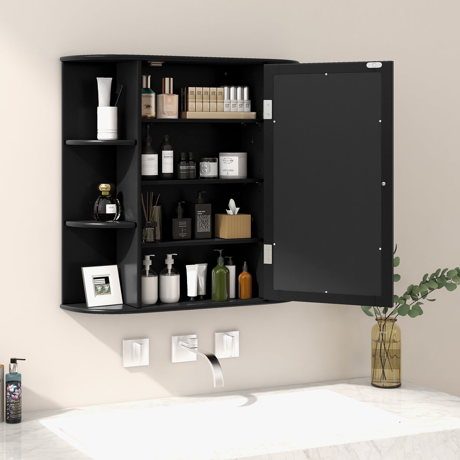 Wall-Mounted Bathroom Mirror Cabinet with Storage Shelves, Black Wall Cabinets at Gallery Canada