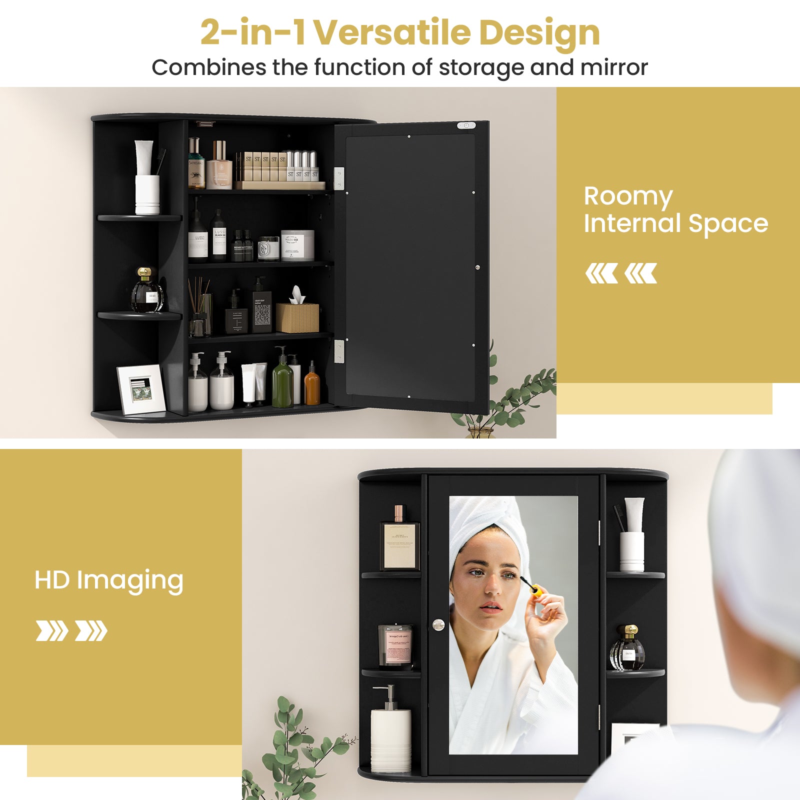 Wall-Mounted Bathroom Mirror Cabinet with Storage Shelves, Black Wall Cabinets at Gallery Canada