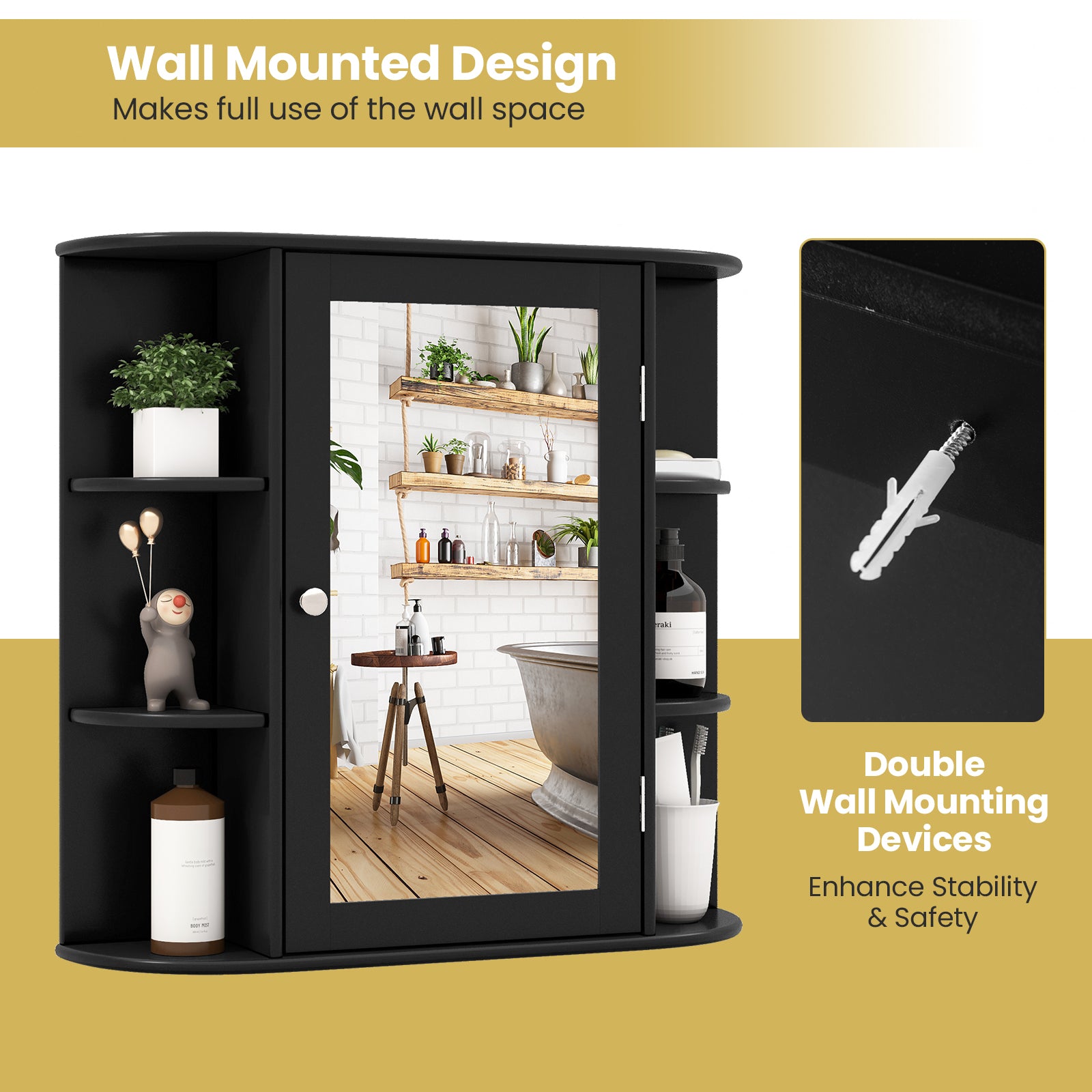 Wall-Mounted Bathroom Mirror Cabinet with Storage Shelves, Black Wall Cabinets at Gallery Canada