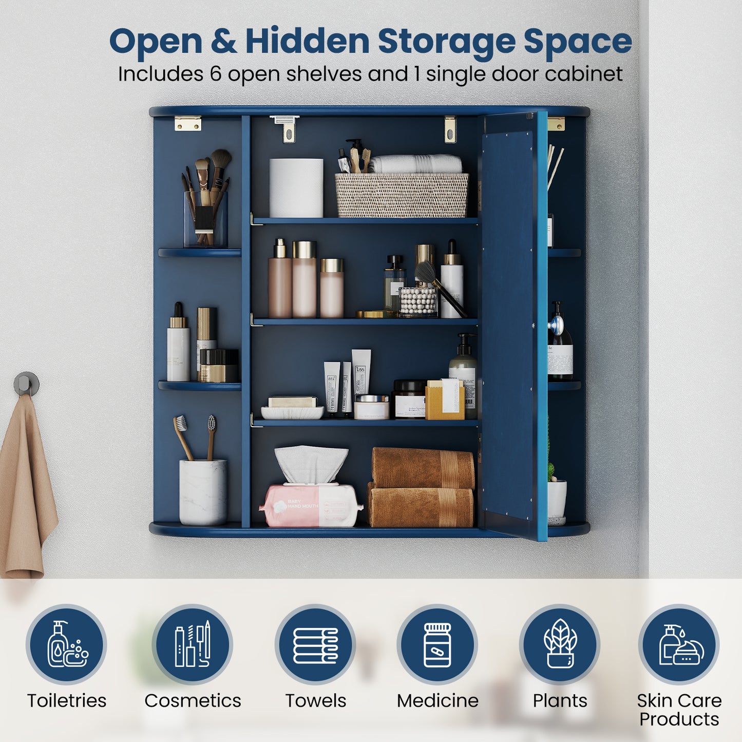 Wall-Mounted Bathroom Mirror Cabinet with Storage Shelves, Blue