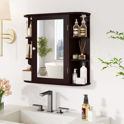 Armoire miroir de salle de bain murale avec étagères de rangement, marron