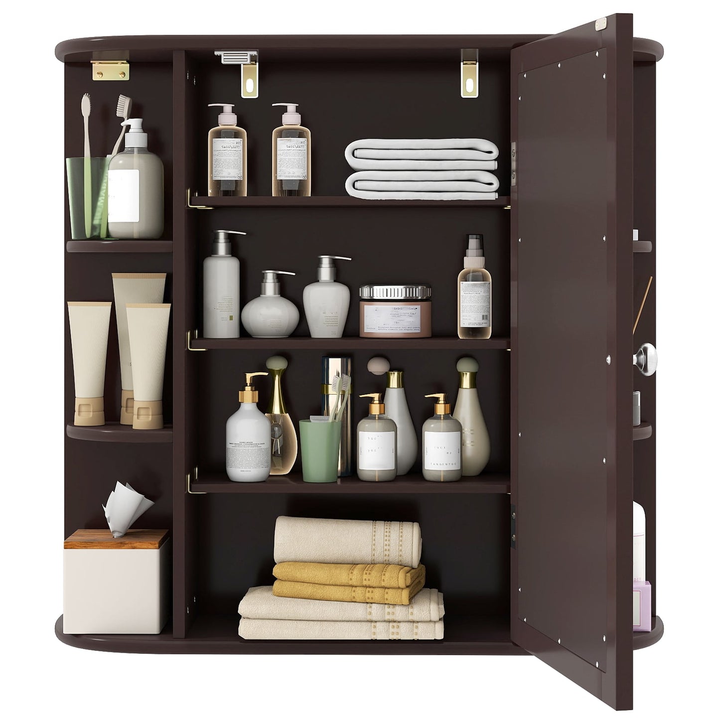 Armoire miroir de salle de bain murale avec étagères de rangement, marron