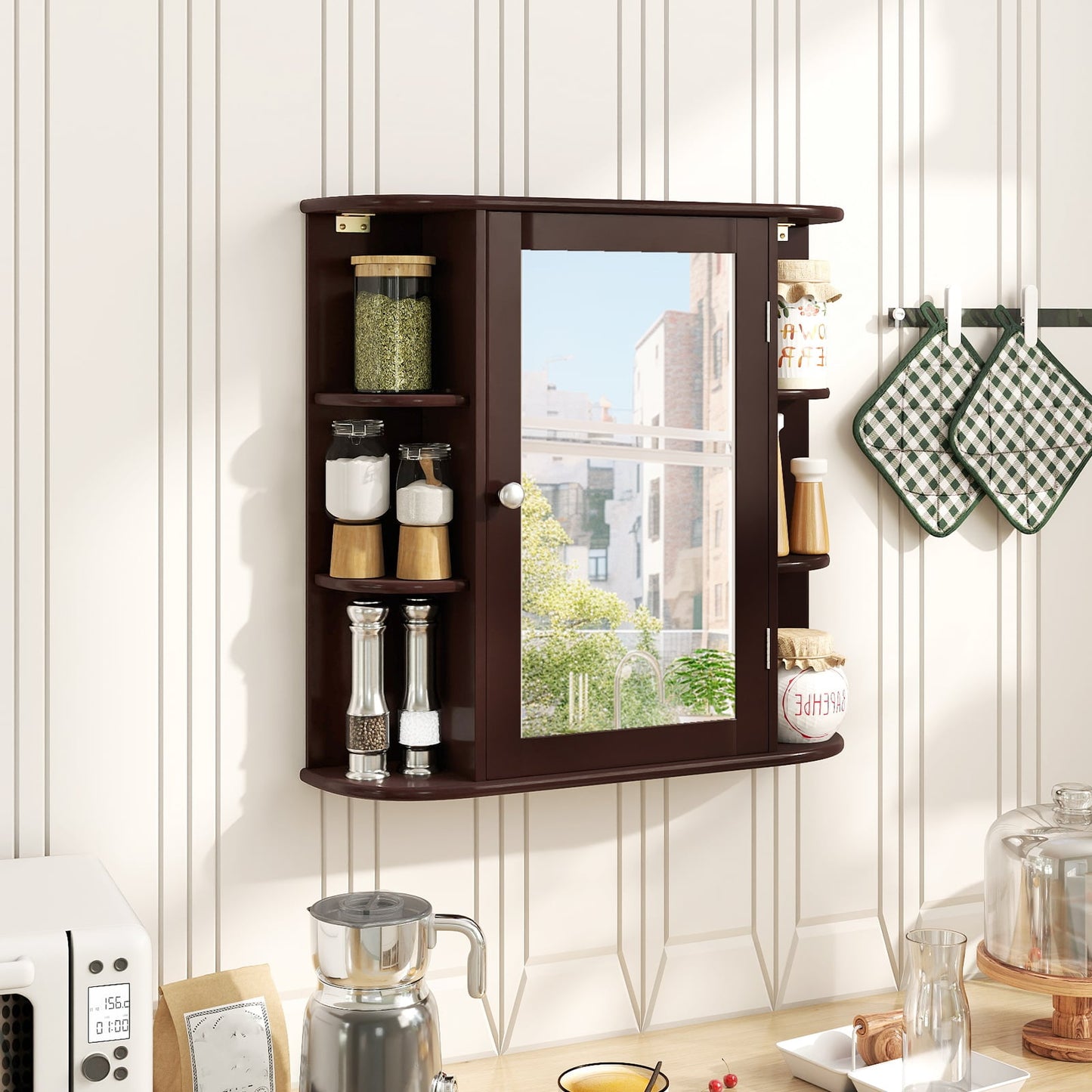 Armoire miroir de salle de bain murale avec étagères de rangement, marron