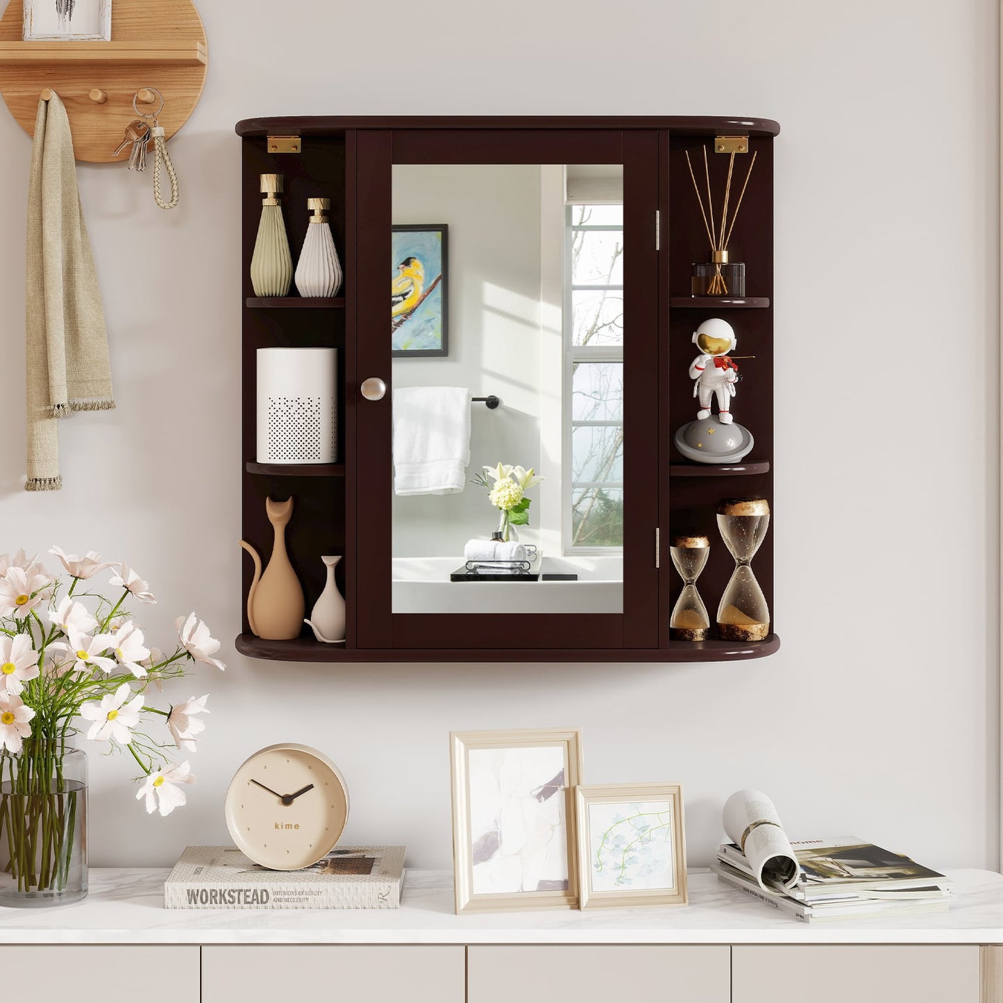 Armoire miroir de salle de bain murale avec étagères de rangement, marron