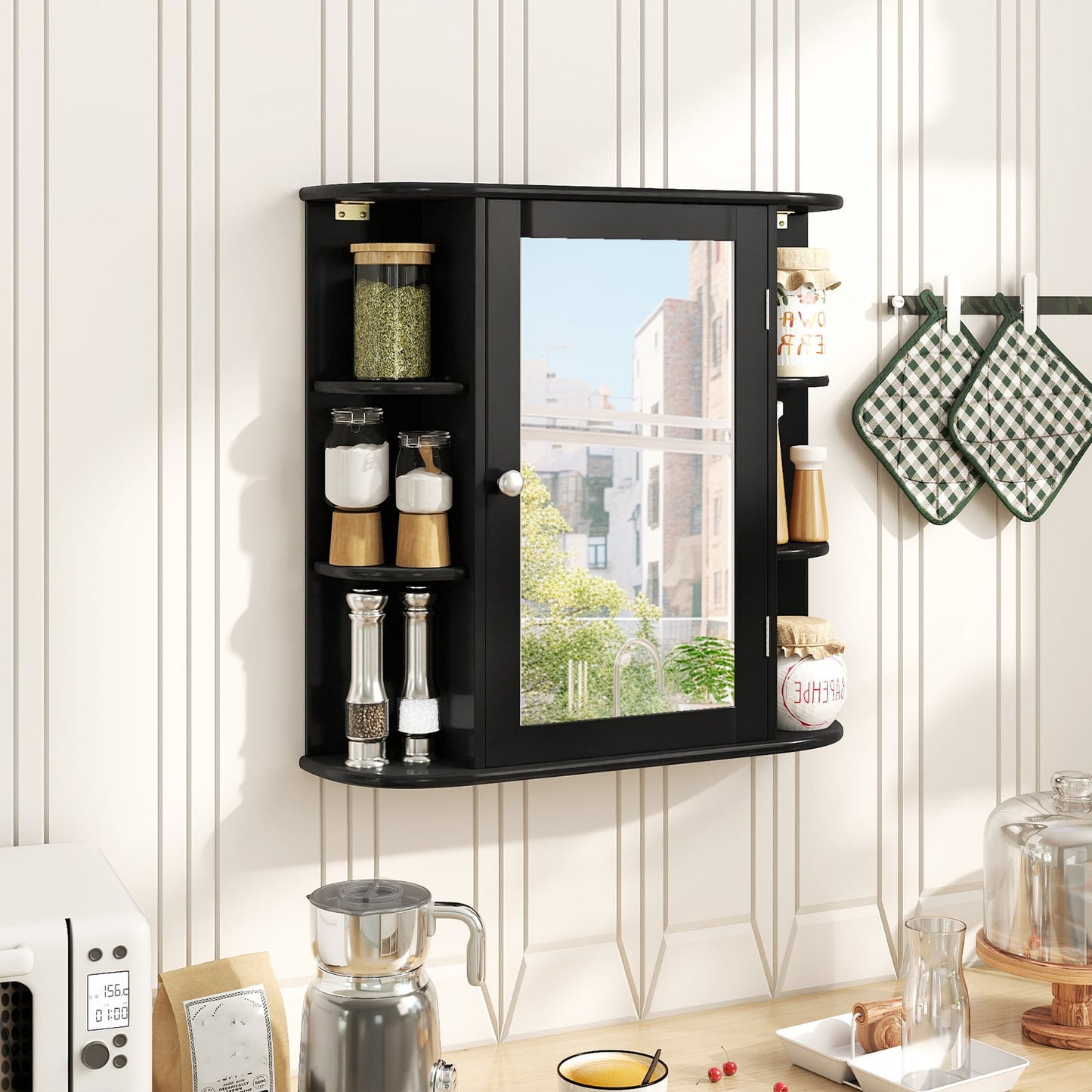 Armoire miroir de salle de bain murale avec étagères de rangement, noir