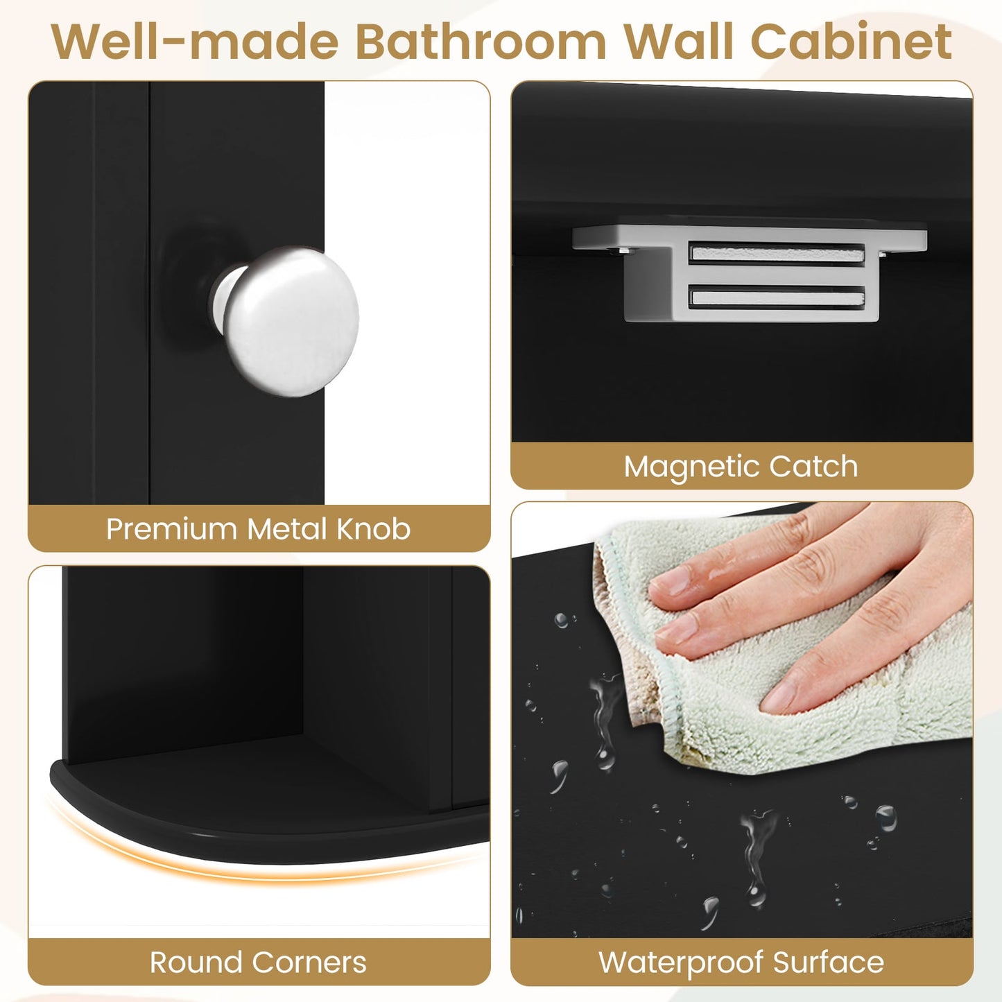 Armoire miroir de salle de bain murale avec étagères de rangement, noir