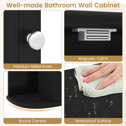 Armoire miroir de salle de bain murale avec étagères de rangement, noir