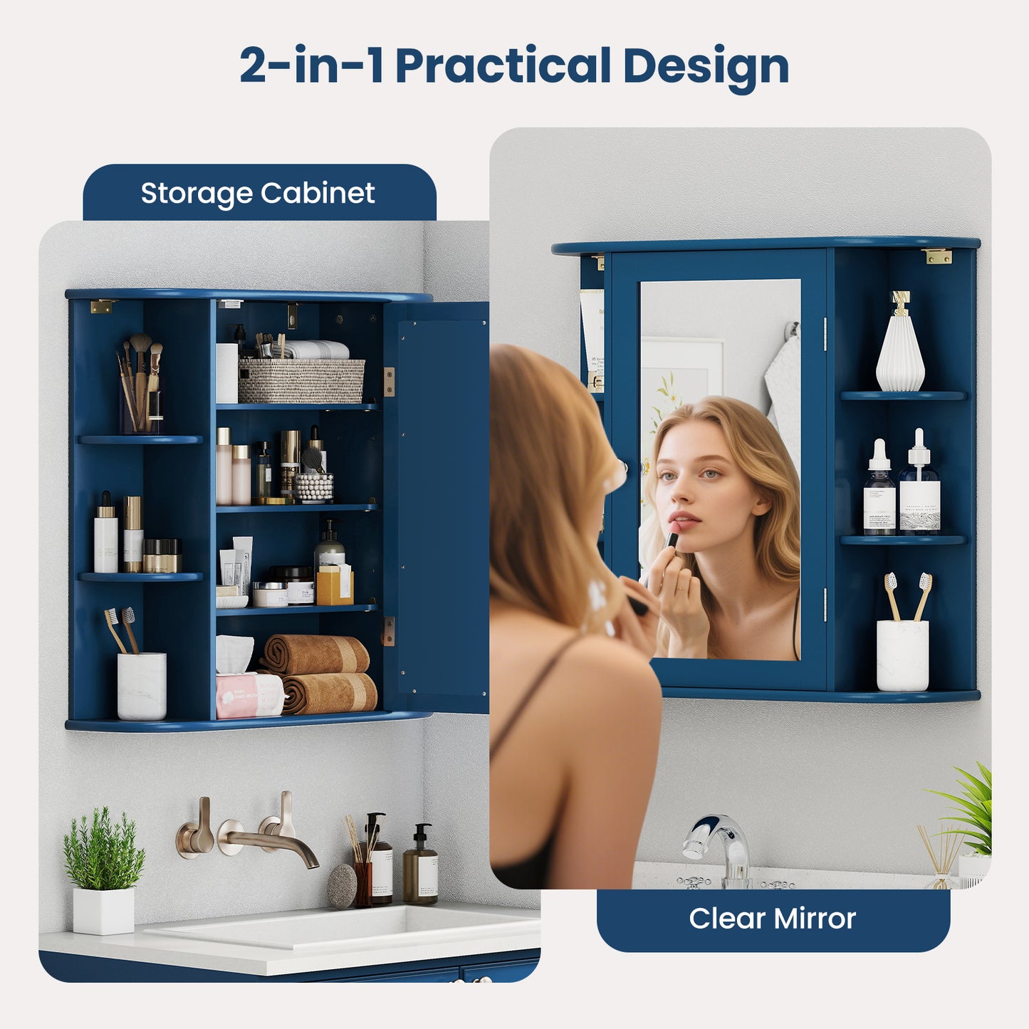 Wall-Mounted Bathroom Mirror Cabinet with Storage Shelves, Blue Wall Cabinets at Gallery Canada
