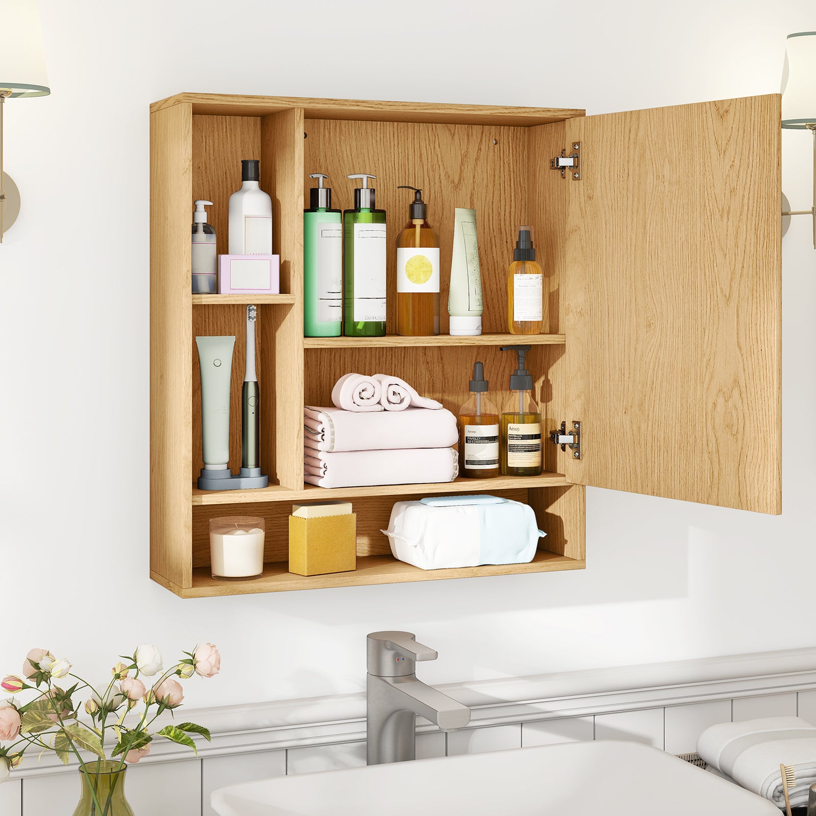 Wall Mounted Bathroom Cabinet With Mirror, Single Door, Natural Wall Cabinets at Gallery Canada