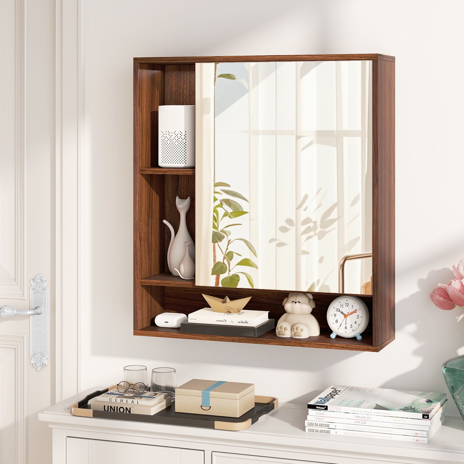 Wall Mounted Bathroom Cabinet With Mirror, Single Door, Walnut Wall Cabinets at Gallery Canada
