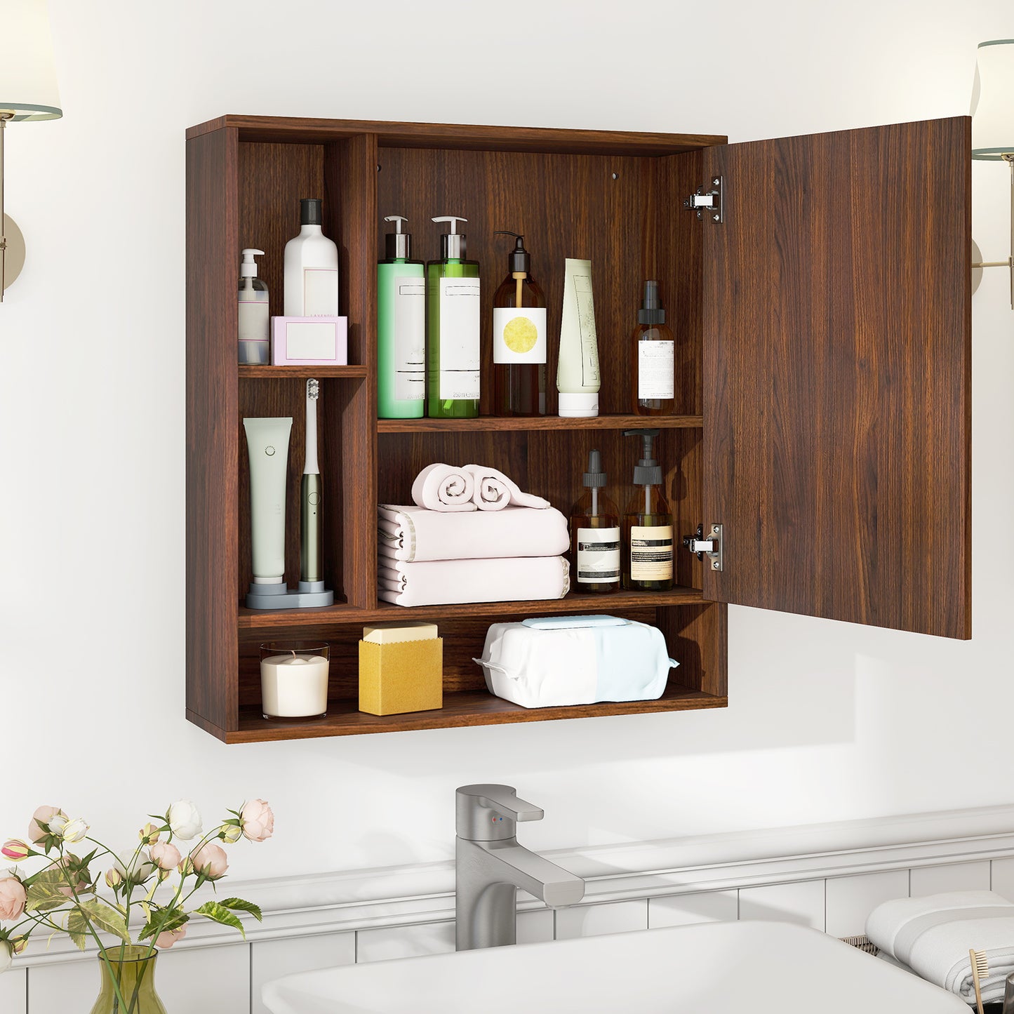 Wall Mounted Bathroom Cabinet With Mirror, Single Door, Walnut Wall Cabinets at Gallery Canada