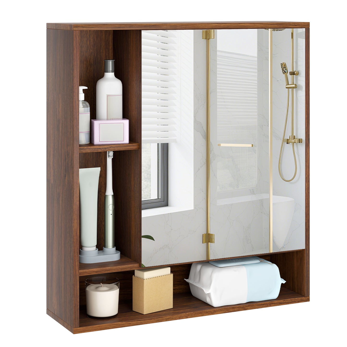 Wall Mounted Bathroom Cabinet With Mirror, Single Door, Walnut Wall Cabinets at Gallery Canada