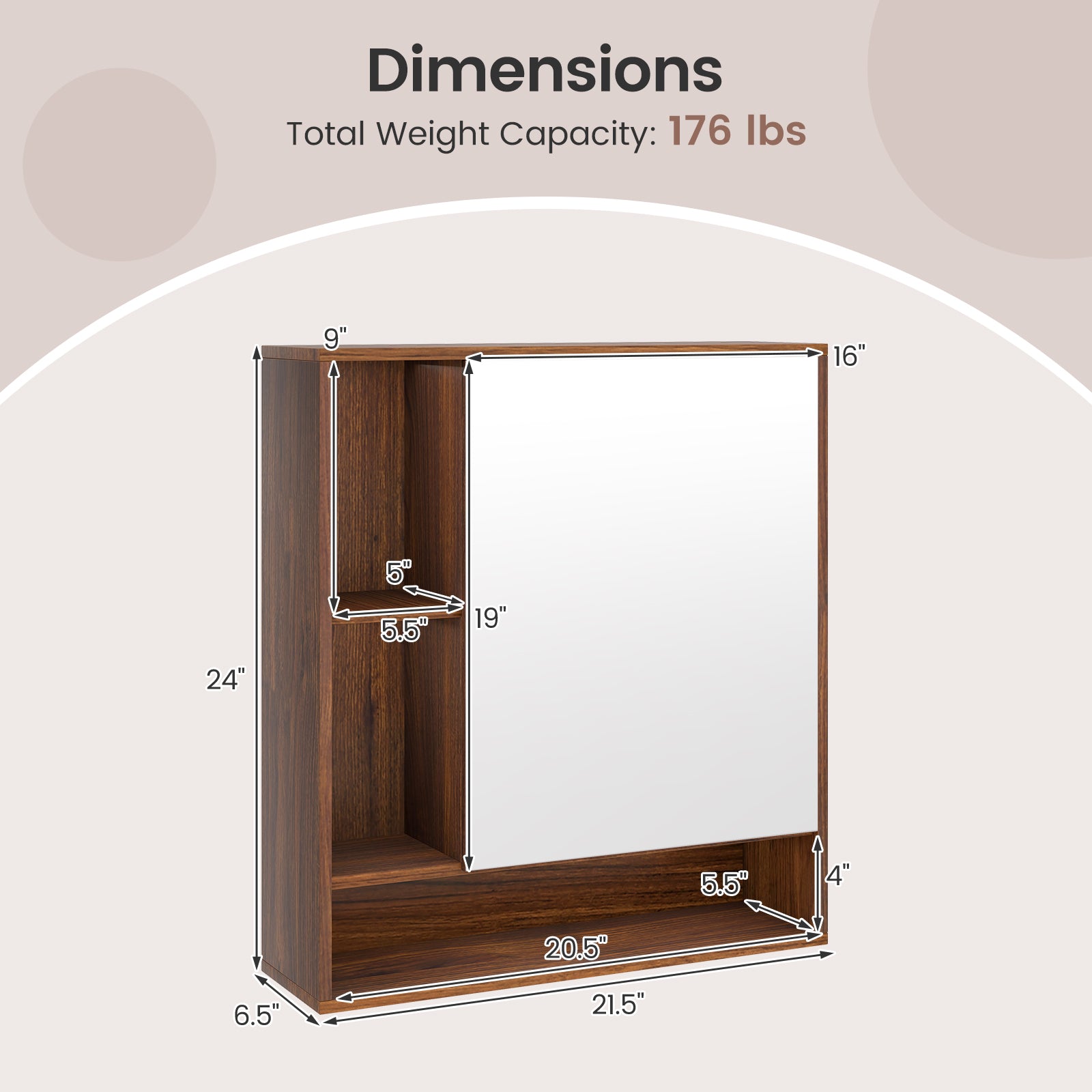 Wall Mounted Bathroom Cabinet With Mirror, Single Door, Walnut Wall Cabinets at Gallery Canada