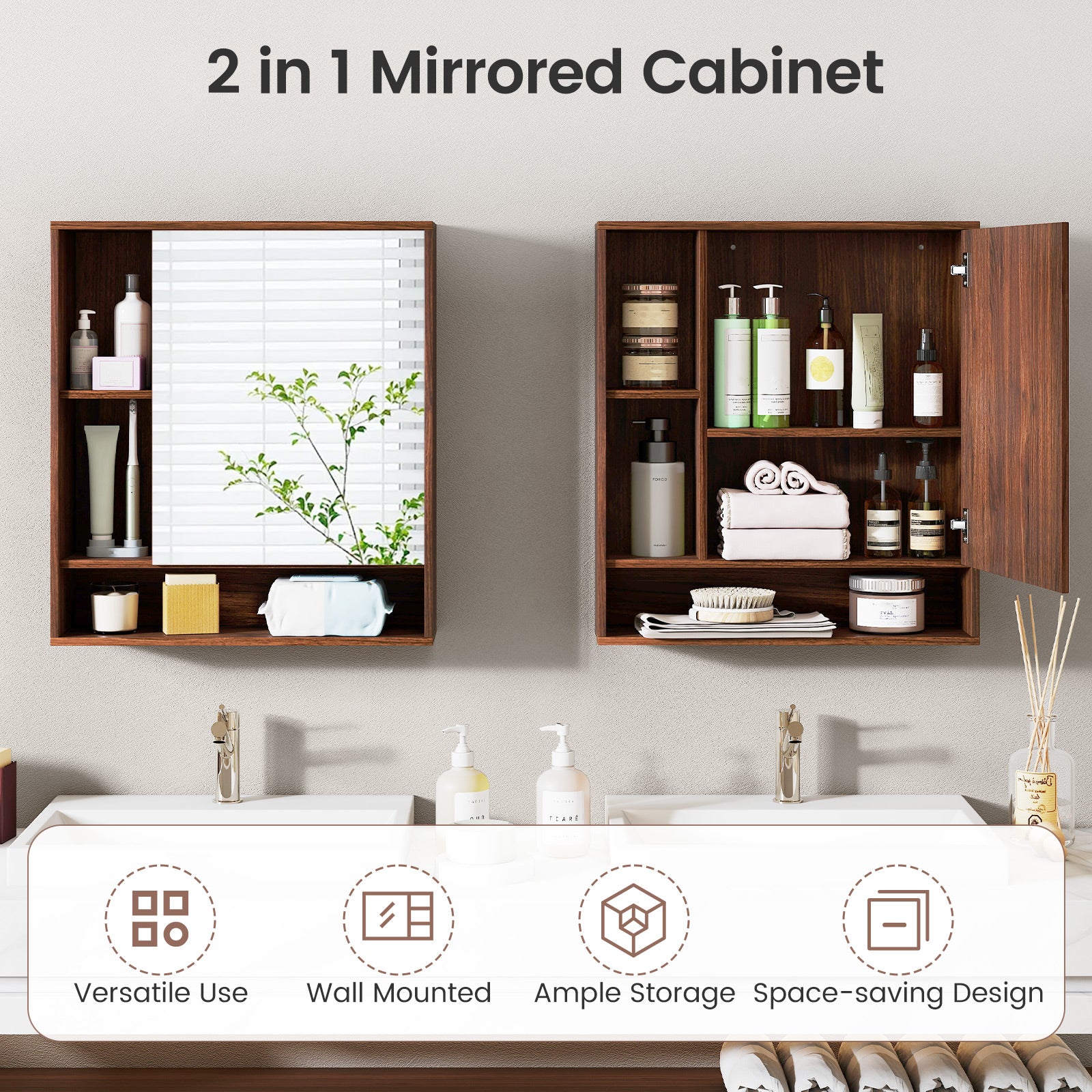 Wall Mounted Bathroom Cabinet With Mirror, Single Door, Walnut Wall Cabinets at Gallery Canada
