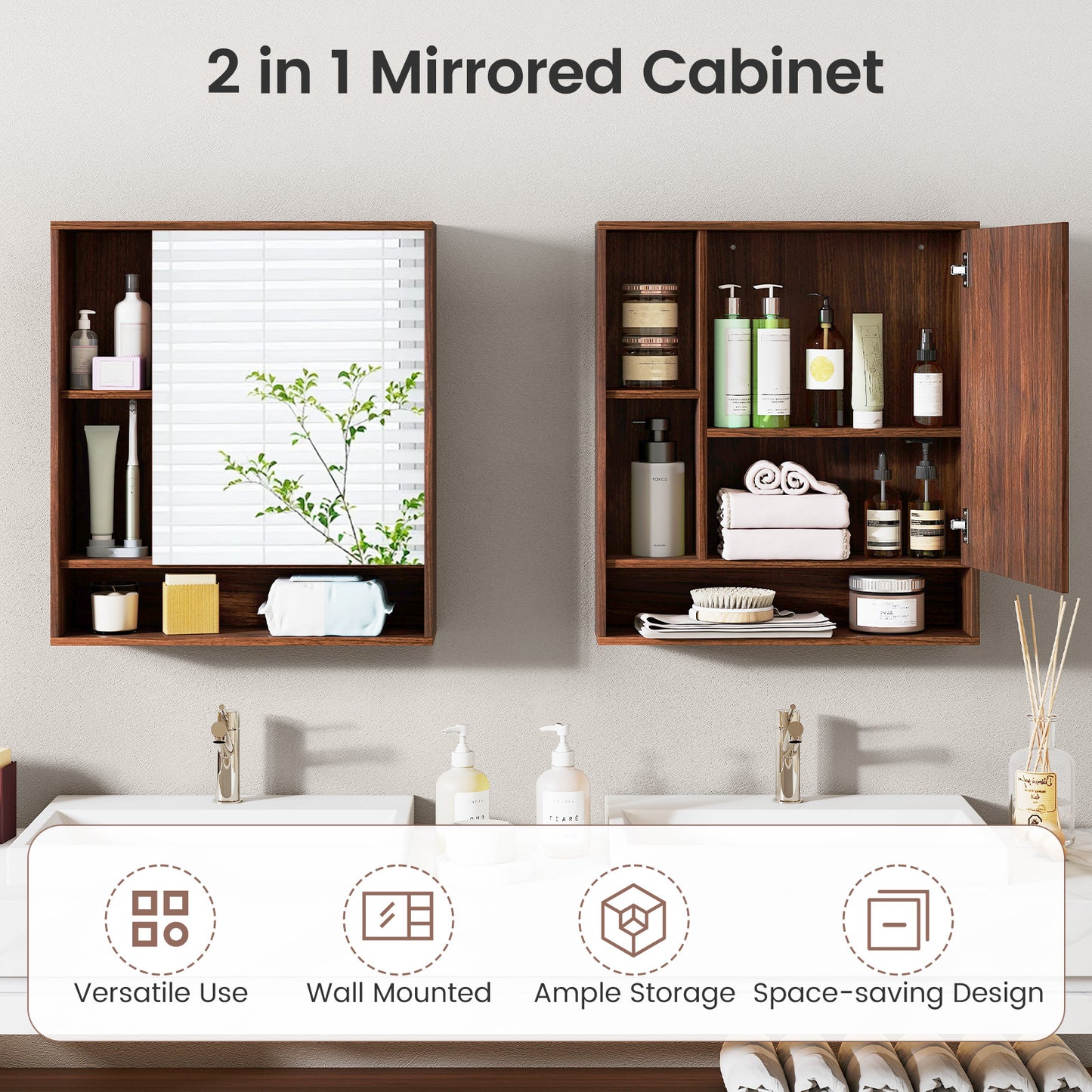 Wall Mounted Bathroom Cabinet With Mirror, Single Door, Walnut Wall Cabinets at Gallery Canada