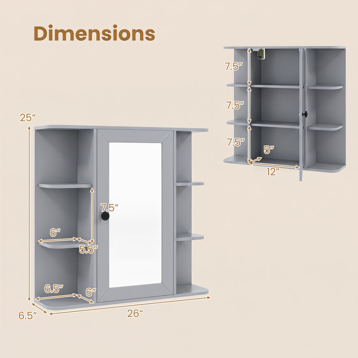 Wall Mounted Medicine Cabinet with Mirror, Gray
