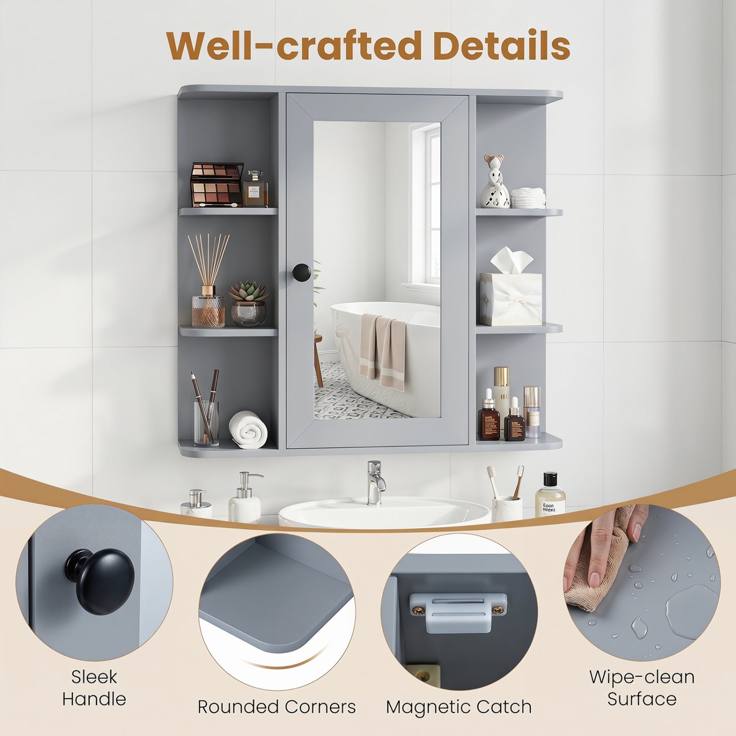 Wall Mounted Medicine Cabinet with Mirror, Gray