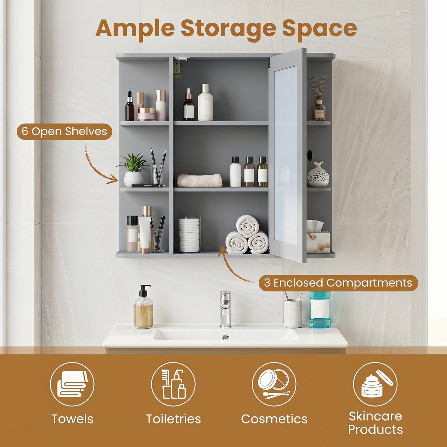 Wall Mounted Medicine Cabinet with Mirror, Gray