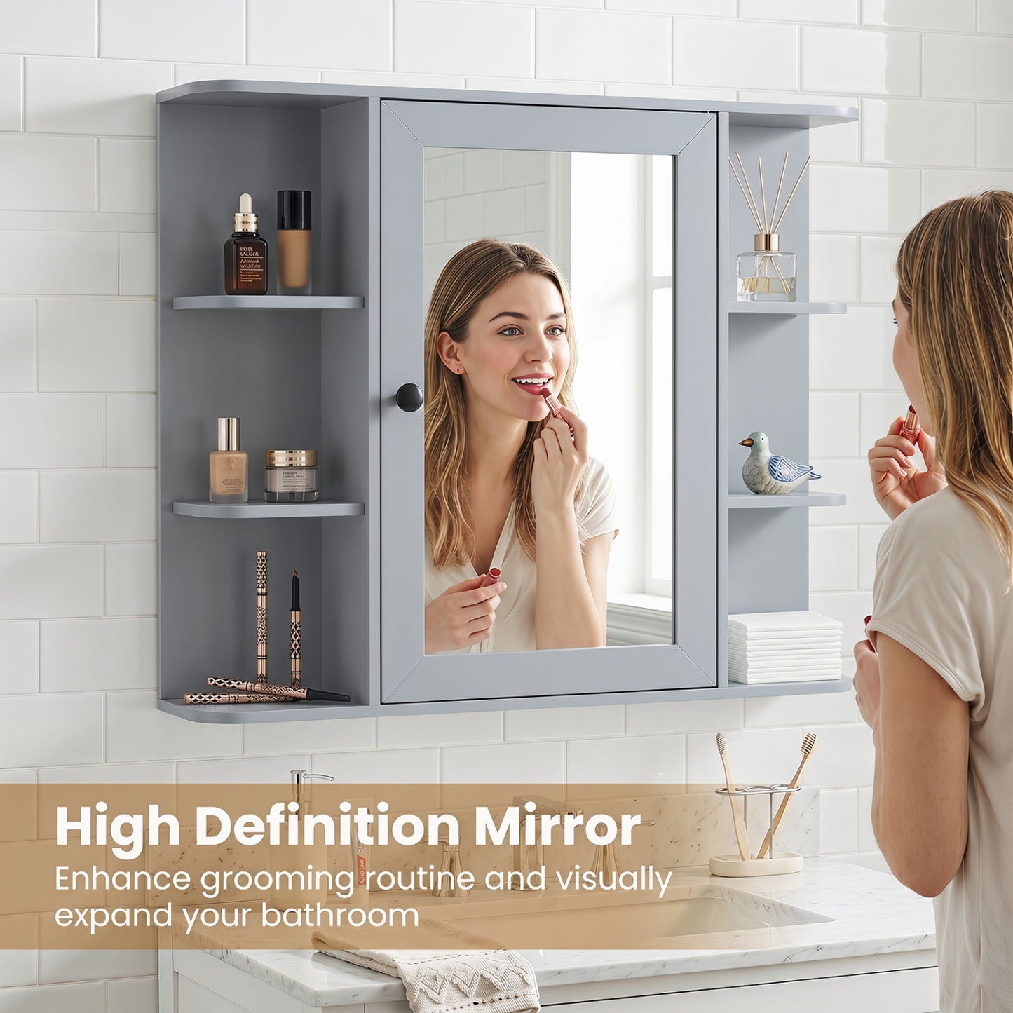 Wall Mounted Medicine Cabinet with Mirror, Gray