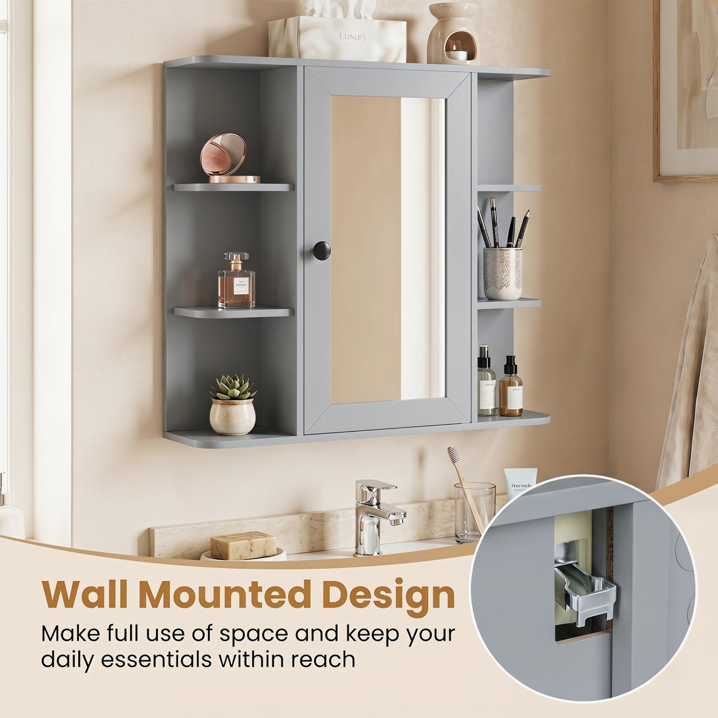 Wall Mounted Medicine Cabinet with Mirror, Gray