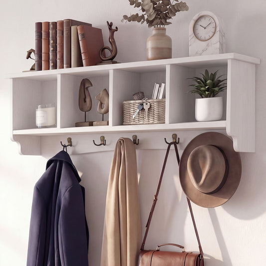 Wall-Mounted Coat Rack with 4 Cubbies and 5 Double Hooks and Wooden Shelf, White Coat Racks & Hall Trees White at Gallery Canada