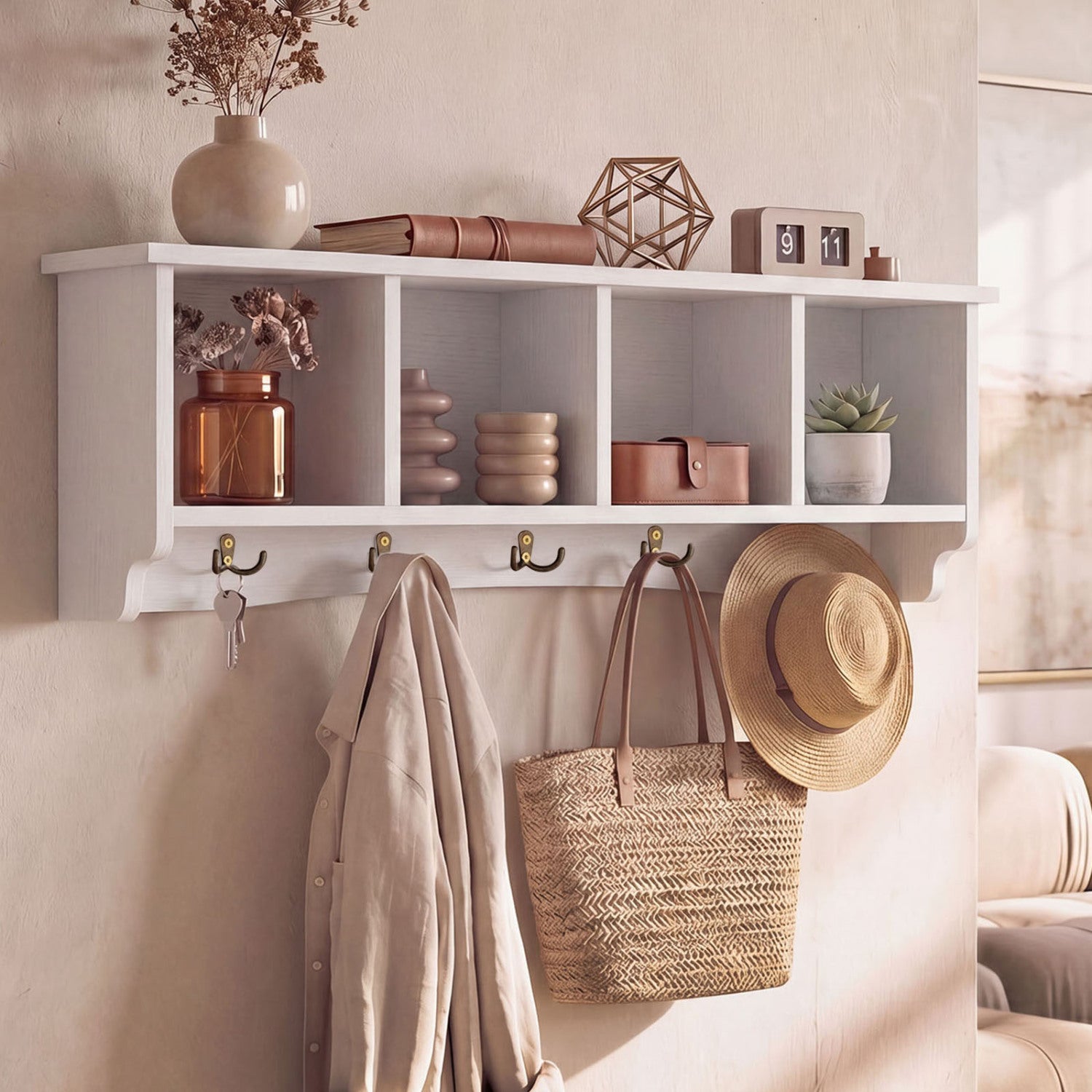 Wall-Mounted Coat Rack with 4 Cubbies and 5 Double Hooks and Wooden Shelf, White Coat Racks & Hall Trees at Gallery Canada